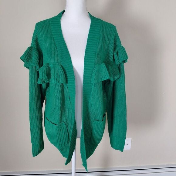 Sugar + lips Cardigan Womens SMALL NWT Jolie Ruffle Open Front Primary GREEN - Picture 2 of 7